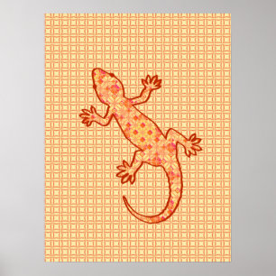 Tribal batik Gecko - coral and light orange Poster