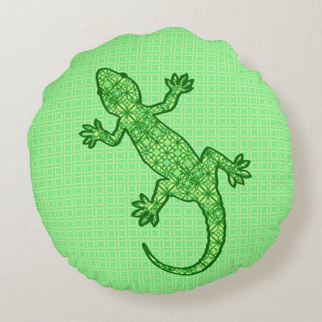 Tribal batik Gecko - lime and emerald green Round Pillow (Back)