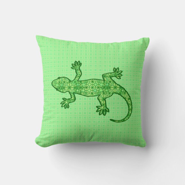 Tribal batik Gecko - lime and emerald green Throw Pillow (Front)