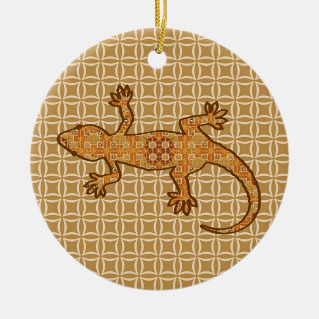 Tribal batik Gecko - rust, amber and tan Ceramic Ornament (Front)