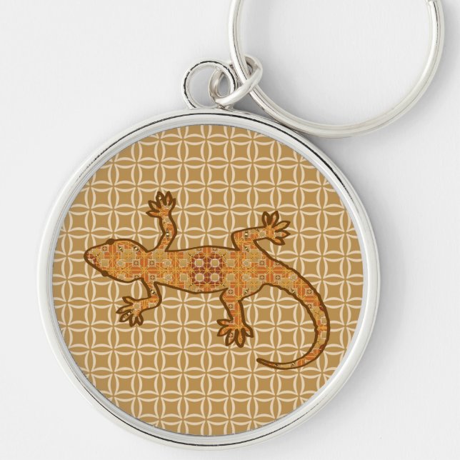Tribal batik Gecko - rust, amber and tan Keychain (Front)