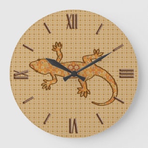 Tribal batik Gecko - rust, amber and tan Large Clock