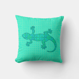Tribal batik Gecko - turquoise / peacock Throw Pillow