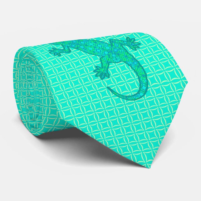 Tribal batik Gecko - turquoise / peacock Tie (Rolled)