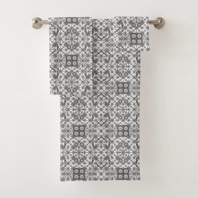 Tribal Batik - grey / grey, black and white Bath Towel Set (Insitu)