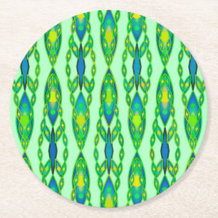 Tribal Batik - Mint, Emerald Green and Blue Round Paper Coaster