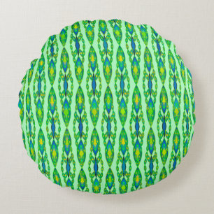 Tribal Batik - Mint, Emerald Green and Blue Round Pillow