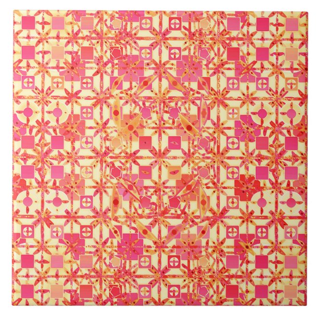 Tribal Batik - orange, coral pink and fuchsia Tile (Front)