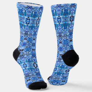 Tribal Batik Pattern in Indigo Blue and White    Socks