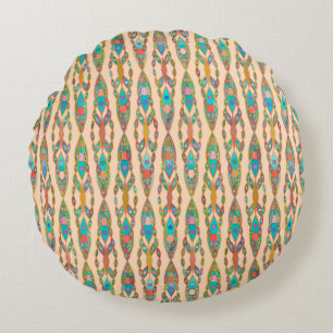 Tribal Batik - Peach Pink and Turquoise Round Pillow