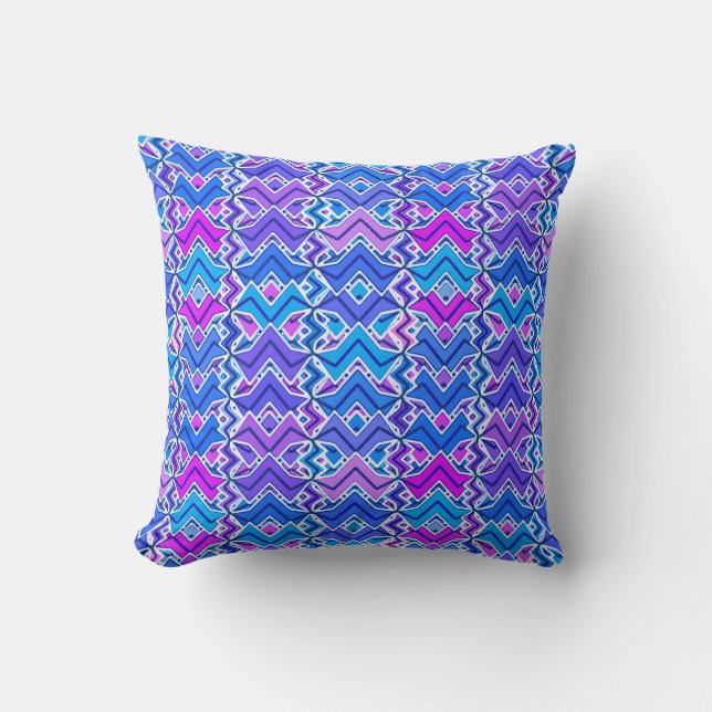 Tribal Batik Print, Blue, Violet and White Throw Pillow (Front)