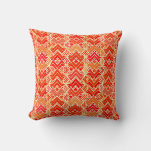 Tribal Batik Print, Mandarin and Light Orange Throw Pillow