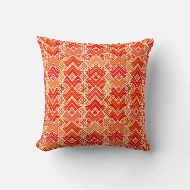 Tribal Batik Print, Mandarin and Light Orange Throw Pillow (Front)