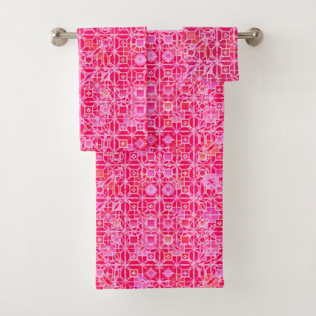 Tribal Batik, Shades of Fuchsia Pink Bath Towel Set (Insitu)