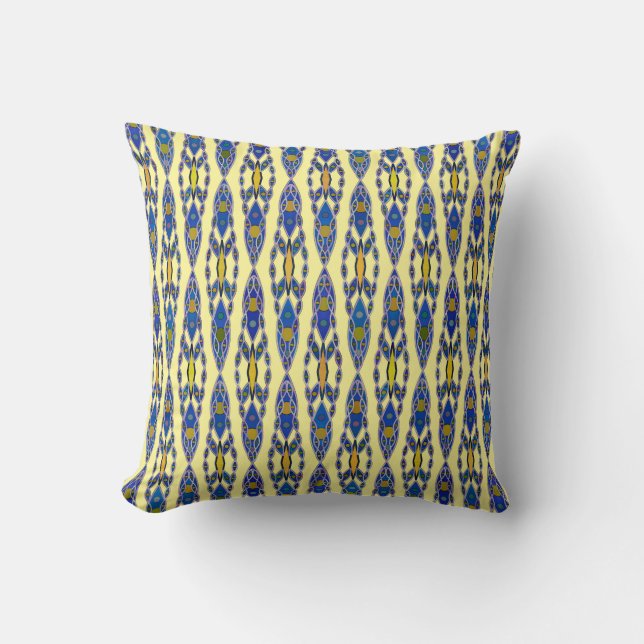 Tribal Batik - Steel Blue, Grey and Yellow Throw Pillow (Front)