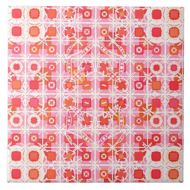 Tribal Batik - strawberry pink and red Tile (Front)