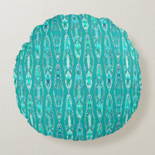 Tribal Batik - Turquoise and Aquamarine Round Pillow