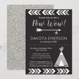 Tribal Birthday Invitation   Black, Silver Pow Wow