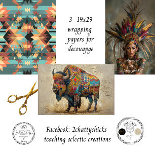 Tribal Bison Indian Geometric Southwestern Art Wrapping Paper Sheet