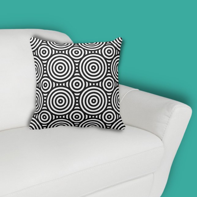 Tribal Black Circle Pattern White  Throw Pillow (Tribal Nested Circle Black Pattern on White Throw Pillow, color customization possible)