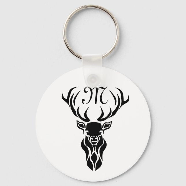 Tribal Black Stag Silhouette Monogram Keychain (Front)
