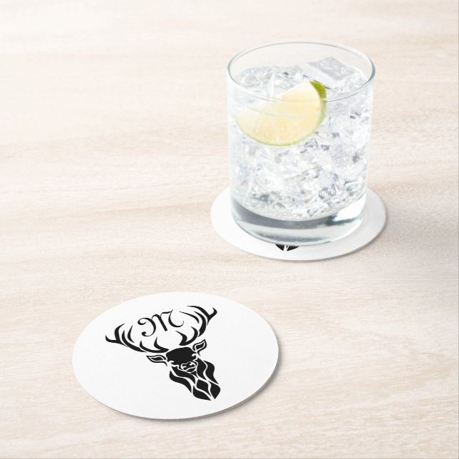 Tribal Black Stag Silhouette Monogram Round Paper Coaster (Insitu)