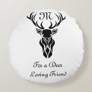 Tribal Black Stag Silhouette Monogram Round Pillow
