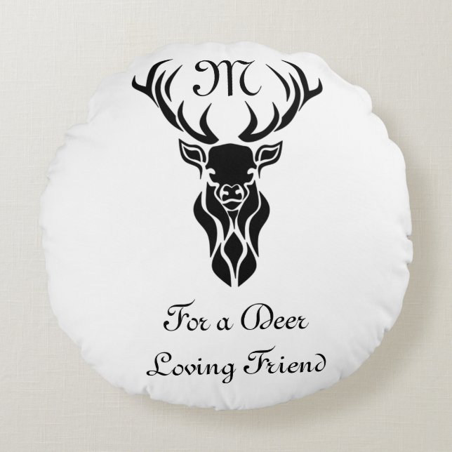 Tribal Black Stag Silhouette Monogram Round Pillow (Front)
