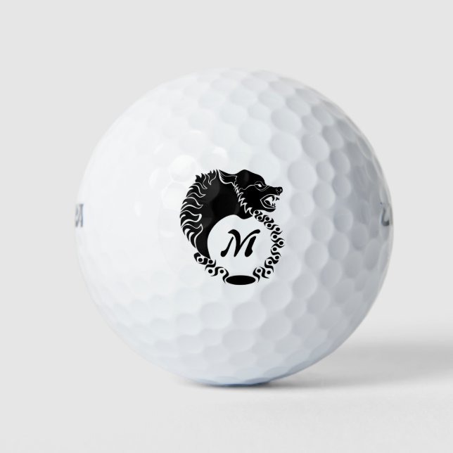 Tribal Black Wolf Head Silhouette Laurel Monogram Golf Balls (Front)