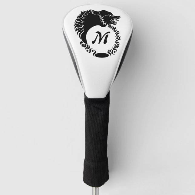 Tribal Black Wolf Head Silhouette Laurel Monogram Golf Head Cover (Front)