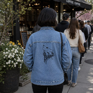 Tribal Black Wolf Holing Illustration Ink Denim Jacket