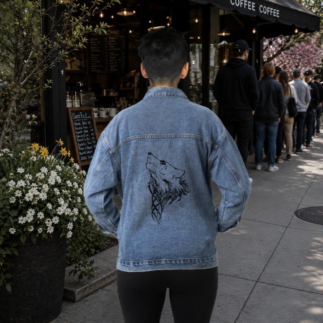 Tribal Black Wolf Holing Illustration Ink Denim Jacket (Creator Uploaded)