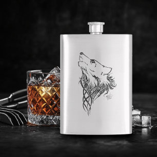 Tribal Black Wolf Howl Hip Flask