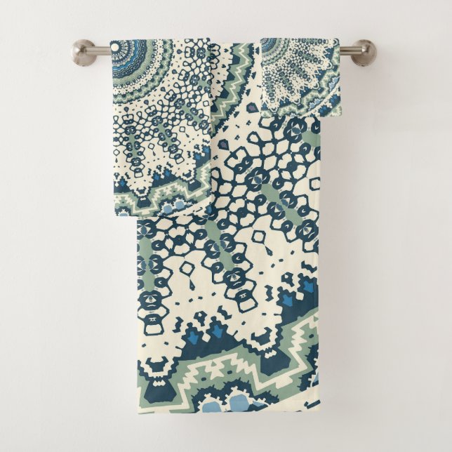 Tribal Blue Green Mandala Bath Towel Set (Insitu)
