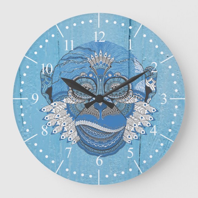 Tribal Blue Monkey Large Clock (Front)