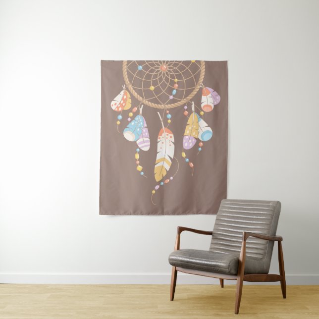 Tribal Boho Dreamcatcher on Brown Tapestry (In Situ)