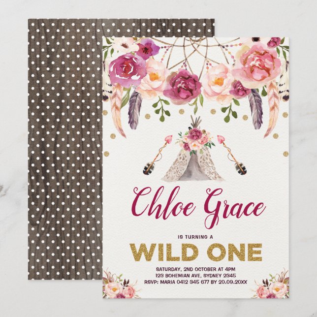 Tribal Boho Floral WILD ONE Birthday Party Teepee Invitation (Front/Back)
