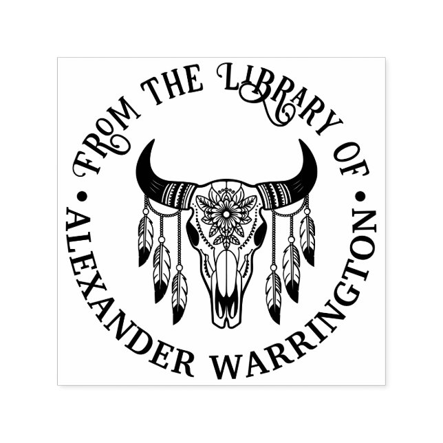 Tribal Bull Cow Skull Feathers Library Book Name Self-inking Stamp (Design)