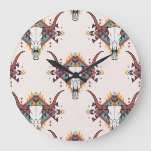 Tribal Bull Skull: Boho Seamless Large Clock