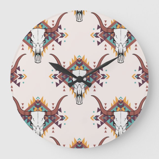 Tribal Bull Skull: Boho Seamless Large Clock (Front)