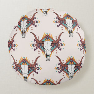 Tribal Bull Skull: Boho Seamless Round Pillow