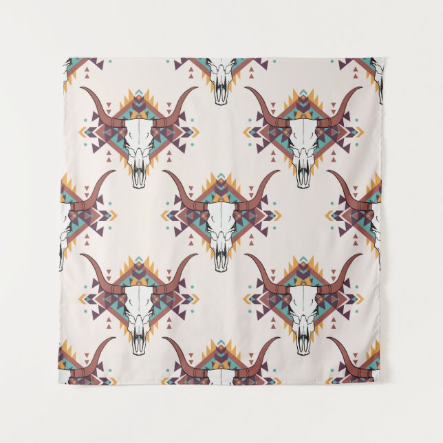 Tribal Bull Skull: Boho Seamless Tapestry (Front)