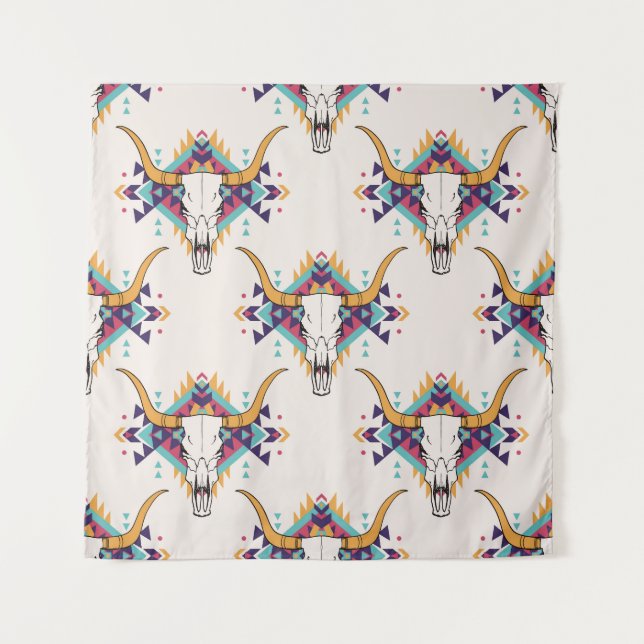 Tribal Bull Skull: Boho Seamless Tapestry (Front)