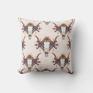 Tribal Bull Skull: Boho Seamless Throw Pillow