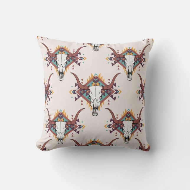 Tribal Bull Skull: Boho Seamless Throw Pillow (Front)