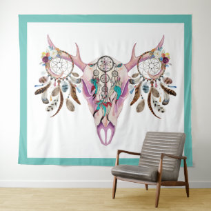 Tribal bull skull & colourful feathers dreamcatche tapestry