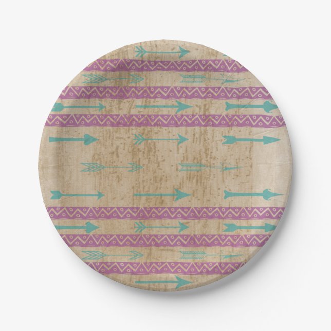 Tribal Chic Purple Stripe Teal Arrow Paper Plate (Front)