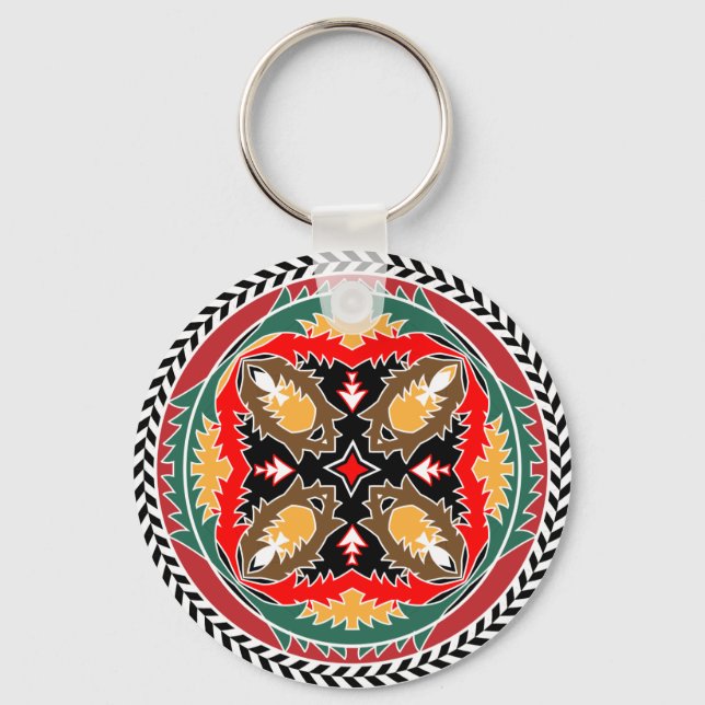 Tribal Christmas Forest Pine Cone Emblem Keychain (Front)