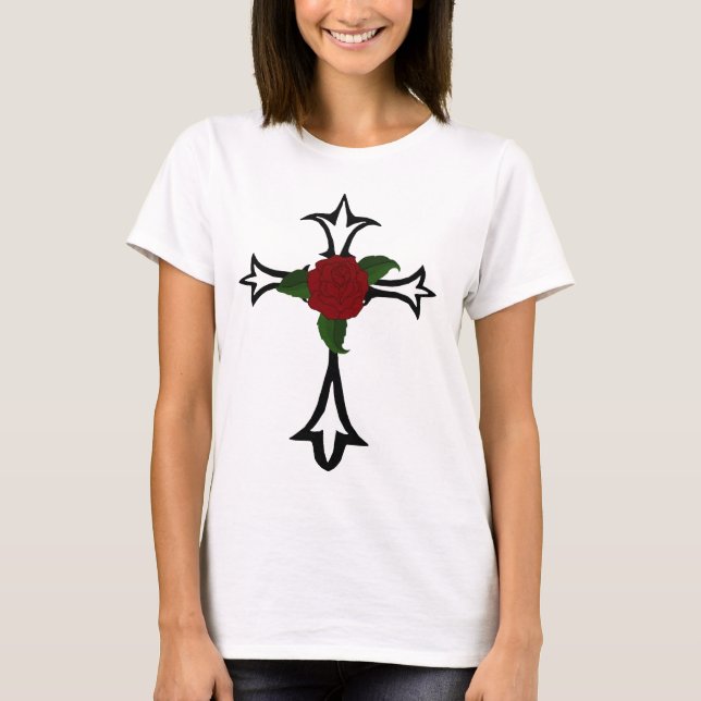 Tribal Cross With A Red Rose T-Shirt (Front)