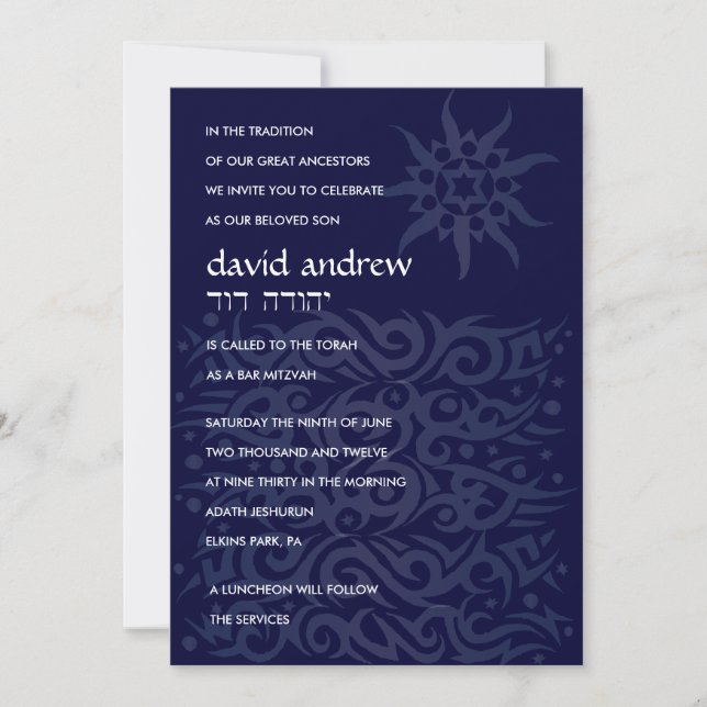 TRIBAL DESIGN Bar Bat Mitzvah Invitation Blue (Front)